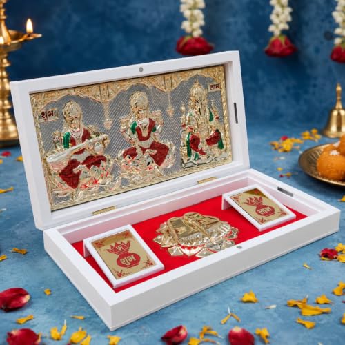 Image of ARNAVIRA Lakshmi Ganpati Sarawati Gold Plated Photo Frame with Charan Paduka Pocket Temple for Diwali Gift, House Warming Gifts, Return Gift Puja Box
