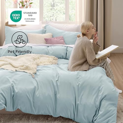 Image of Bedsure Prewashed Oversized King Duvet Cover, Cotton-Like Set, Baby Blue | Ultra Soft, Relaxed Texture, 120 inchx98 inch Breathable Comfort, Hidden Zipper, 8 Corner Ties, Easy Care, OEKO-TEX, Year-Round Use
