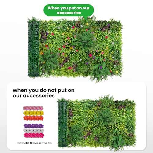 Artificial Grass Wall Roll 40"x120" (3.33ft x 10ft,33.3 Sq.ft), 3D Green Grass Wall for Outdoor Fence Indoor Decor, Greenery Privacy Screen for Patio Backyard, with DIY 60 PCS Violet Flower
