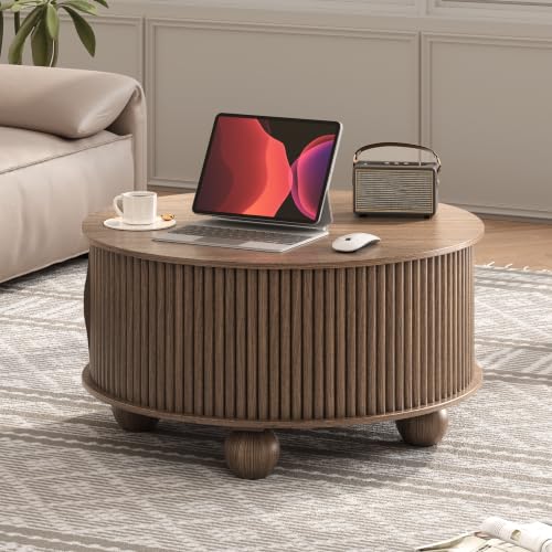 Image of JOINICE 31.5 inch Round Coffee Table with Storage,Unique Bun Feet,Walnut Finish | Mid Century Center Table for Living Room,Hidden Storage,Fluted Sliding Door,Solid Wood Legs,Easy Assembly,Up to 110 lbs