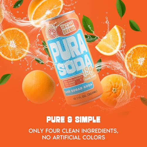 Image of PuraSoda Seville Orange - 12g Pure Cane Sugar Soda, 10 Fl Oz, Pack of 12 | Real Fruit Extract, Non-Gmo Vegan, No Stevia Or Artificial Sweeteners, 13g Cane Sugar, 10 Fl Oz Cans