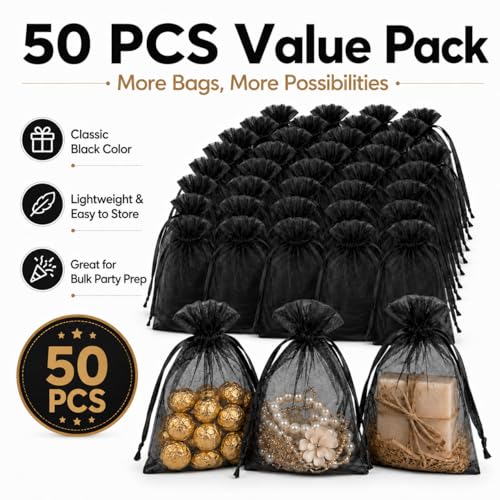 Image of Hopttreely 5x7 Black Organza Bags - Durable Mesh Drawstring Gift Bags with Sturdy Closure for Party Favors, Wedding, Jewelry, Easter, Halloween, Small Business Packaging, Sachet Bags