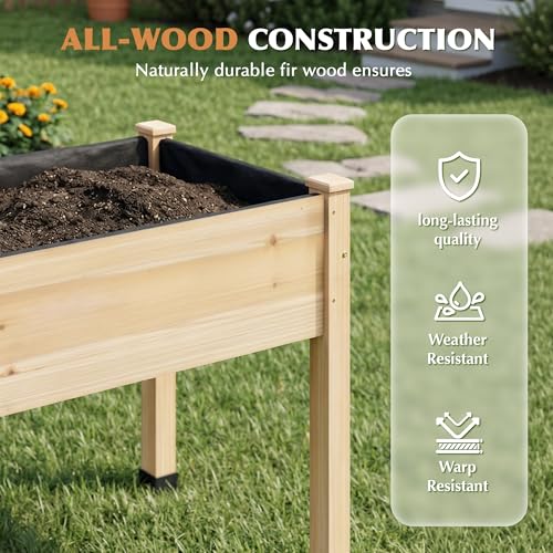 Image of Wood Raised Garden Bed, 48x24x30in Elevated Wooden Planter Box with Legs Standing Growing Bed for Backyard, Patio, Balcony with Bed Liner, 200 Pound Capacity 2PCS