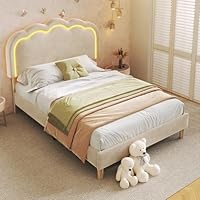 Aptliton 3ft Single bed, Upholstered Bed with LED and Height-adjustable Headboard, Wooden Bed for Boys and Girls, Beige, Linen Material, No Mattress.