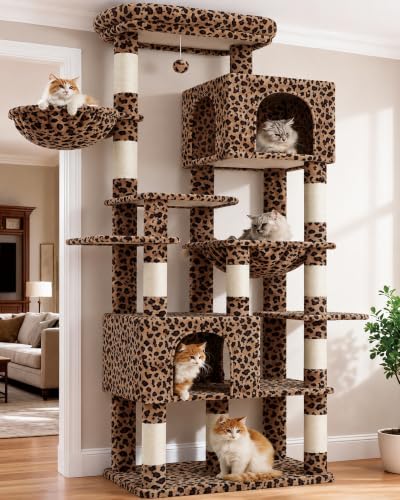 Image of Heybly Cat Tree, 76-Inch Tall Heavy Duty Cat Tower for Big Cats HCT039BW | Multi-Level Large Cat Furniture with Extra Wide Baseboard, 2 Condos & 2 Hammocks, 10 Scratching Posts, Leopard Print