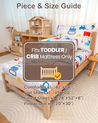 Image of TinyPalsa 4-Piece Toddler Bedding Set, Toddler Bed Comforter Set for Boys | Includes Comforter, Fitted Sheet, Flat Sheet & Pillowcase, Grey Construction