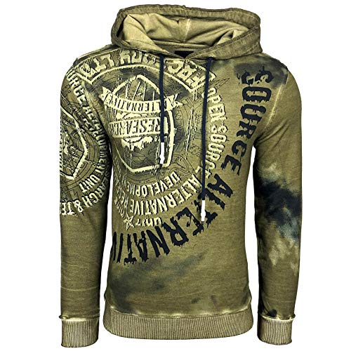 Rusty Neal Herren Sweatshirt Batik Hoody Verwaschen Oil Washed Used Kapuzenpullover 125, Größe:L, Farbe:Khaki