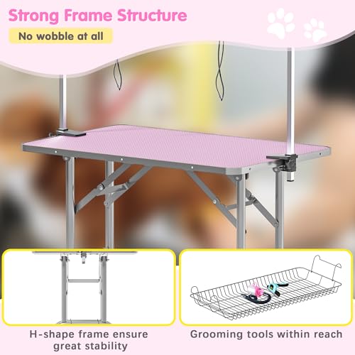 Image of Lyromix 42'' Stainless Steel Pet Dog Grooming Table, Arm /Noose /Tray, Pink