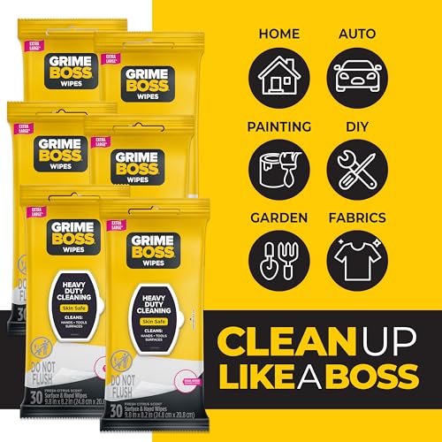 Image of Grime Boss Heavy Duty Wipes (6 x 30ct) | Wet Wipes Used for Hands, Equipment, Tools, Garden, Automotive| Easily Removes Oil, Grease, & Dirt (Pack of 12)