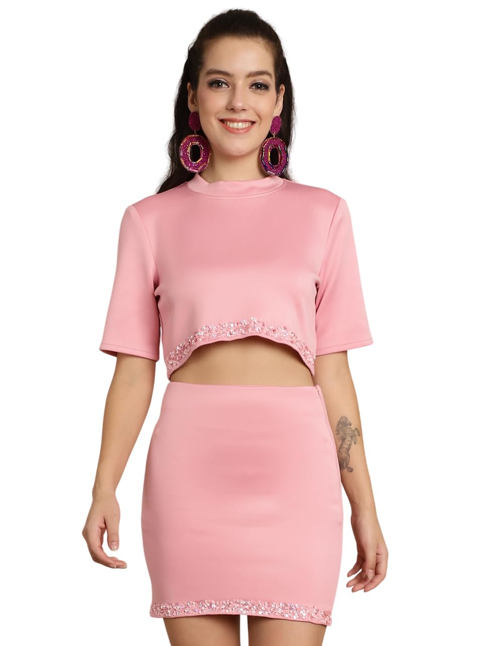 Stylish Womens Scuba Solid Half Sleeves Mock Neck Slim Fit Co-ord Set | Lightweight & Breathable Fabric | Top with Skirt Set-image-38