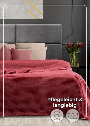 LAYNENBURG Premium Waffelpique Baumwolldecke 220x240 cm - Oeko-TEX 100 - Baumwollmix Kuscheldecke - Decke als Wohndecke, Sofa-Decke & Couchdecke - Wolldecke kuschelig-warm aus Baumwolle (Bordeaux)