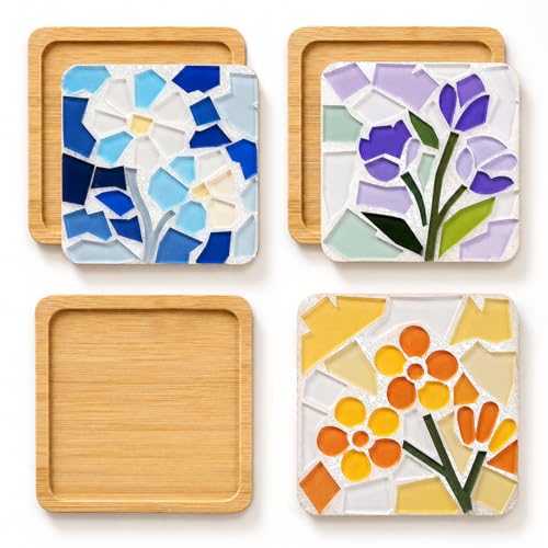 Glizma 6 Sets DIY Acrylic Mosaic Coaster Kit with Floral Patterns Unique Floral Design Coasters Craft Kit for Adults & Women Complete Mosaic Coaster Making Kit for Home Decor & Gifts