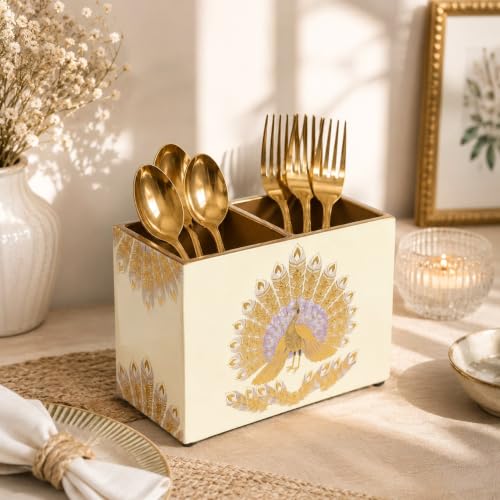 Image of DULI Multipurpose Stand, Cutlery Holder, Spoon Stand, Table Organizer with 2 Sections, Chammach Stand (10cm x 15cm) (MCDPSDbl-PurplePeacock)