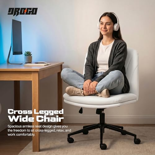 Image of DROGO Zen Cross Legged Office Chair for Work at Home, Pu Leather Accent Chair for Long Hours Sitting Comfort, Armless, Adjustable Height & Tilt Lock Recline | Computer Chair for Home Office (Beige)