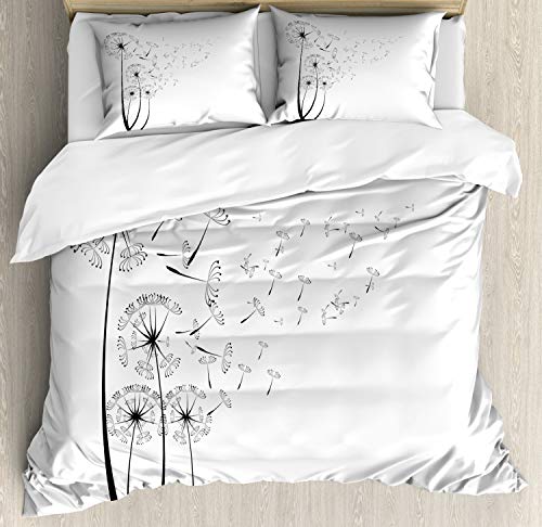 Ambesonne Dandelion Duvet Cover Set, Monochrome Dandelions Blowing in The