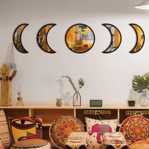 5 Pieces Moon Phase Mirror Set, Crescent Moon Mirror Wall Decor Bedroom, Bohemian Natural Scandinavian Home Decor, Decorative Mirror, Moon Phase Wall Decor(Black)