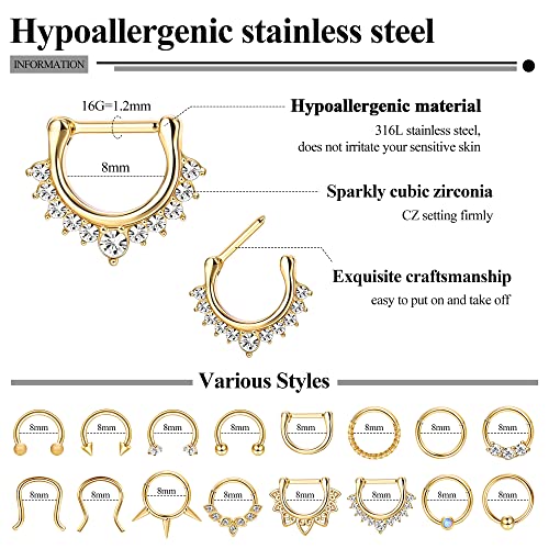 Yadoca 16Pcs 16G Septum Rings Septum Jewelry Stainless Steel Septum Clicker Nose Rings Hoops For Women Men Horseshoe Daith Helix Tragus Cartilage Earrings Piercing Jewelry Gold Tone 8Mm #TOP1