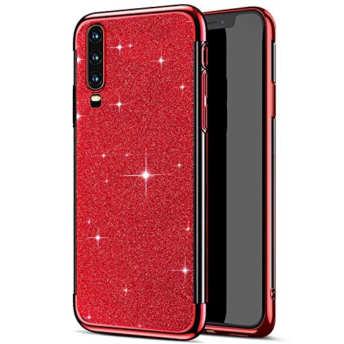 Uposao Cover Compatibile con Samsung Galaxy A70 Custodia Silicone TPU Moda Cristallo di Bling Brillante Sparkle Glitter Flessibile Morbida Gel AntiGraffio Placcatura Bumper Case,Rosso