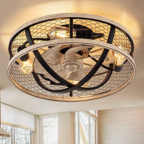 WWM 20'' Flush Mount Caged Ceiling Fan with Light, Low Profile Farmhouse Ceiling Fans with Remote, 3 Speeds,Reversible Motor Fan for Small Space,Fan Lights Ceiling Fixtures(5 E26 Bulbs Include)