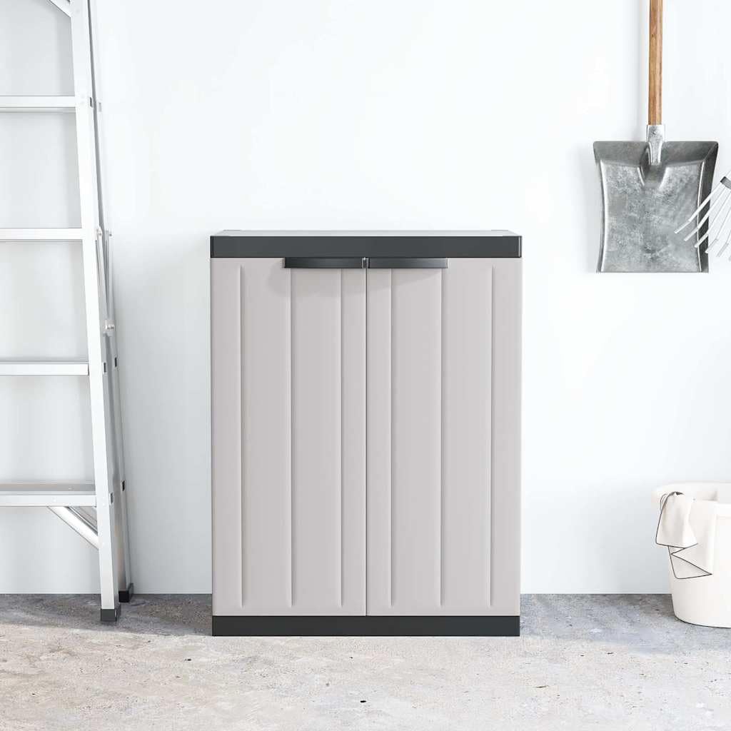 Gartenschrank Grau und Schwarz 65x37x85 cm, Robuster Geräteschrank aus PP-Kunststoff mit verstellbarem Einlegeboden, Abschließbarer Balkonschrank für Garten und Terrasse