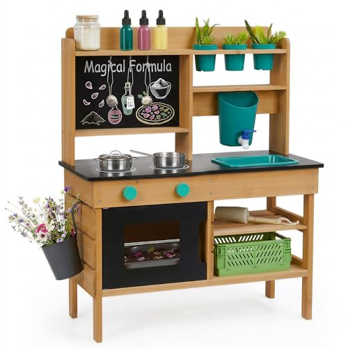 Mud Kitchen for Kids Outdoor Wooden Play Kitchen with Real Working Faucet & Water Tank Sensory Montessori Kitchen Playset with Sink Chalkboard Pots & Pans for Toddlers & Kids Ages 3+