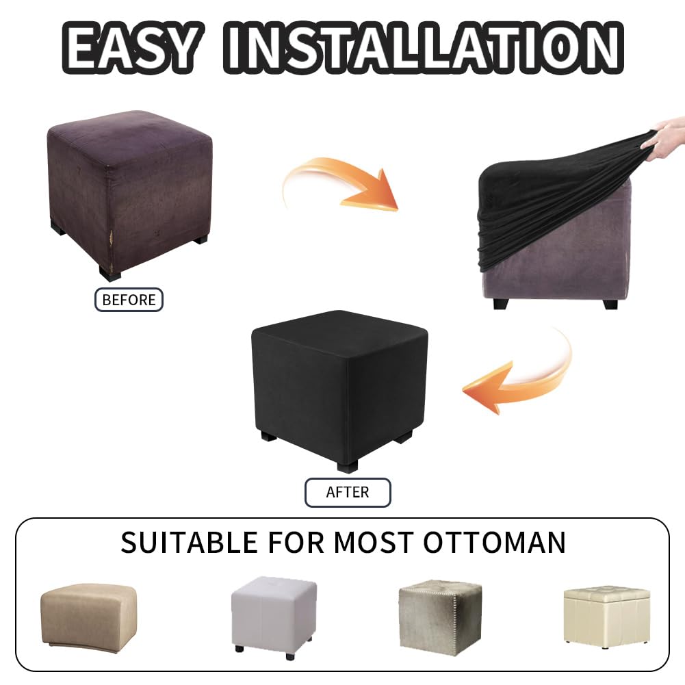 DUJUIKE Copri Poggiapiedi, Copertura Ottomana, Copri Pouf Rettangolare in Velluto Lavabile,elasticizzato con fondo elastico(L&W: 33–46 cm, H: 38–46 cm, nero)