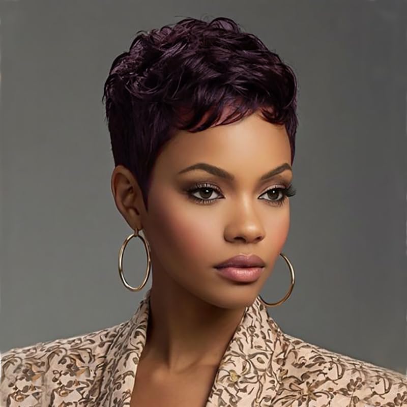 BeiSDWig Black Hair Wig Synthetic Pixie Wigs for Women Wavy Hairstyles Short Haircut Synthetic Hair Wig Short Wigs with Bangs (Burgundy)