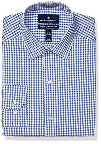 Amazon Brand - Buttoned Down Men's Tailored Fit Tech Stretch CoolMax Easy Care Dress Shirt, Navy Gingham, 19