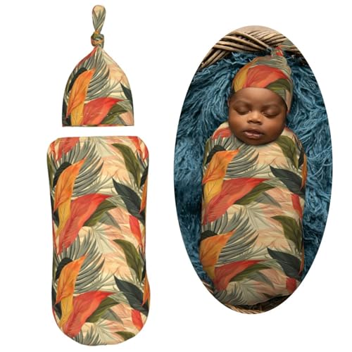 Image of Modern Desert Leaf Newborn Swaddle Blankets Hat Sets Soft Baby Receiving Blanket Swaddle Sack for Baby Shower Infant Boy Girl Gift