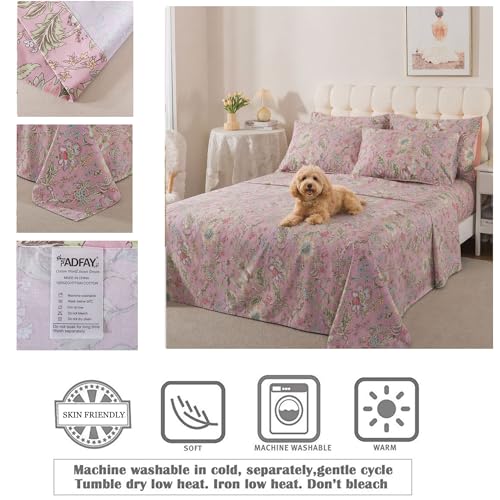 Image of FADFAY Full Sheet Set 4Pcs 100% Egyptian Cotton Bed Sheets Deep Pocket Soft Breathable Vintage Misty Pink French Country Bedding Shabby Cottagecore Floral Bedding Luxury Hotel Quality for All Seasons