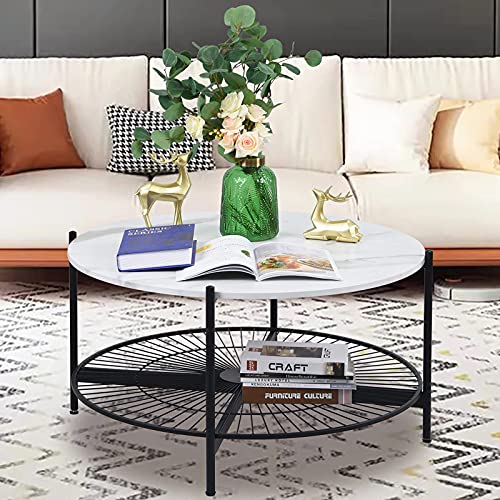 Image of NSdirect Round Coffee Table,2-Tier 36 inch Rustic Wooden Tabletop and Reinforced Crossbar with Open Storage Shelf Vintage Circle Cocktail Table with Metal Legs for Living Room,White