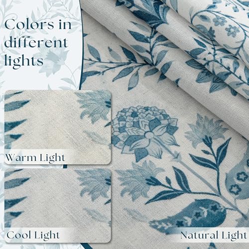 Image of Blue Floral Linen Curtains Patterned Semi Sheer 63 Inch Length 2 Panels Set