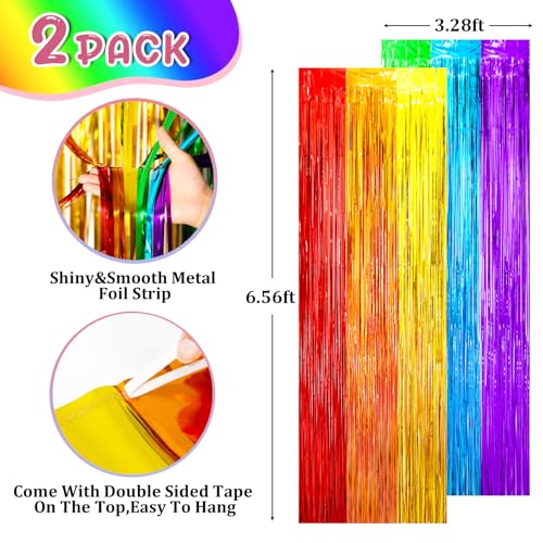 Image of Voircoloria 2 Pack Rainbow Foil Fringe Backdrop Curtains, Tinsel Streamers Birthday Party Decorations, Fringe Backdrop for Graduation, Baby Shower, Gender Reveal, Disco Party
