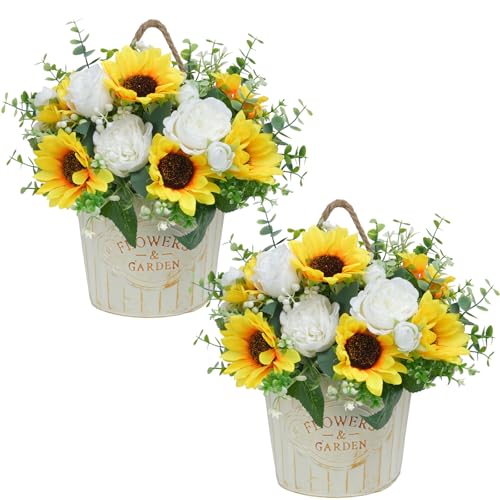 MHMJON 2Pcs Artificial Sunflowers Flowers Hanging Baskets Summer Silk Peony Outdoor Faux Plants for Front Porch Decor Terrace Garden Indoor Kitchen Office Decoration