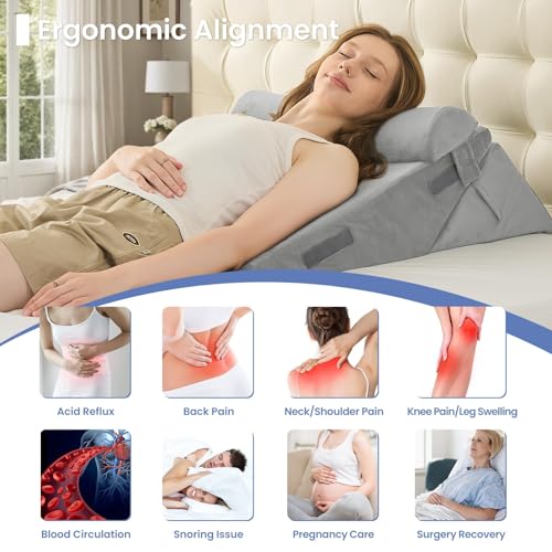 Image of Sasttie Wedge Pillow Set for After Surgery, 2PCS Adjustable Bed Wedge Pillow Headboard with Memory Foam Neck Cushion - for Acid Reflux, Sleeping, Neck & Back Support, Velvet & Light Grey