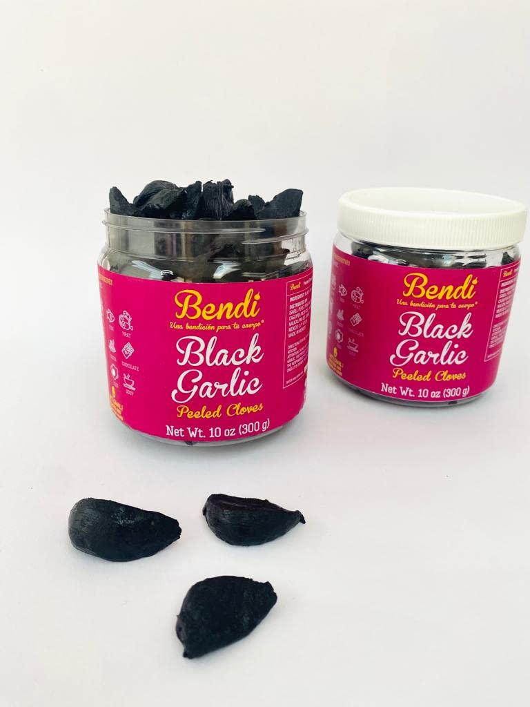 Bendi Black Garlic 10oz (300g). Peeled Cloves. Superfood. Balsamic and sweet flavor. Natural. Antioxidant. No chemical additives, without conservatives. Smooth consistency. Canned and Jarred Garlic.