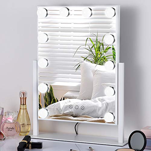 TOGETOP Hollywood Espejo de Mesa, Espejo de Maquillaje Estilo Hollywood con Carga USB, con 12 Bombillas, luz LED Ajustable, para Viajes o Maquillaje, Se Puede Colocar sobre La Mesa (Blanco)