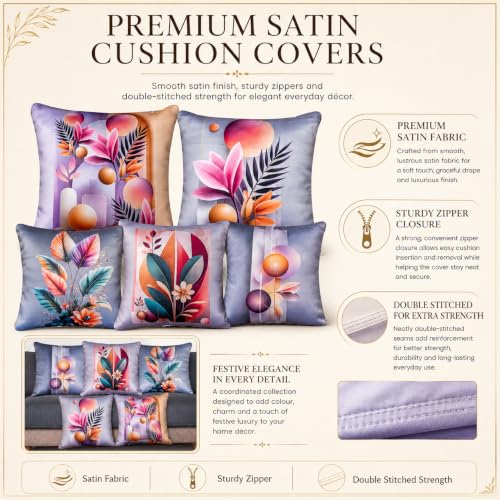 Image of Decorative Printed Satin Cushion Covers Set of 5, 24 Inch x 24 Inch, Sofa Cushion Pillow Cover, Lavender, Pink, Peach, Floral and Abstract Design, Zipper Closure (Flora Vista, 24X24 Inches)
