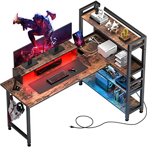 COMHOMA Computertisch, 140cm Home Office Schreibtisch mit Regalen, L-förmiger Computer-Eckschreibtisch mit Ladeanschluss, Gaming-Tisch-Steckdose integriert, LED-Schreibtisch mit Monitorständer