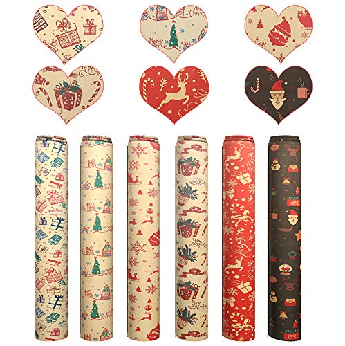 BOENFU Kerst inpakpapier, (1 rol, 6 vellen) recyclebaar kraftpapier voor kerstversiering, handgemaakte doe-het-zelf ambacht, kerstverpakking, 6 patronen, 50* 70 CM