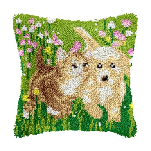 Image of bositigo Cat Latch Hook Pillow Kit for Adults & Kids, DIY Pre-Printed Canvas Craft, 17x17 Inch Decorative Cover for Sofa Cushions, Bedroom Decor (Cat Pattern 43)