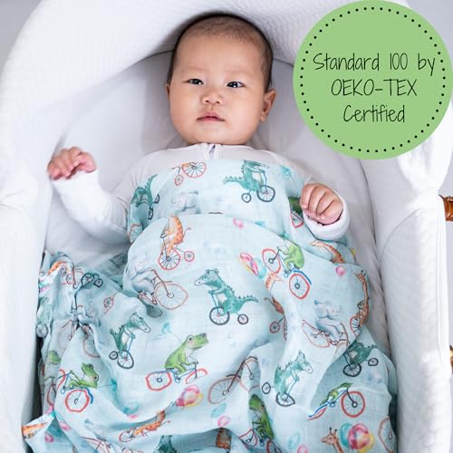 Image of LollyBanks Baby Blanket, 100% Cotton Muslin Swaddle for Baby Boys and Girls, Soft and Breathable 47 x 47 Inches Receiving Blanket, Lightweight Newborn Swaddle Blankets, Registry (Animal Bike Print)