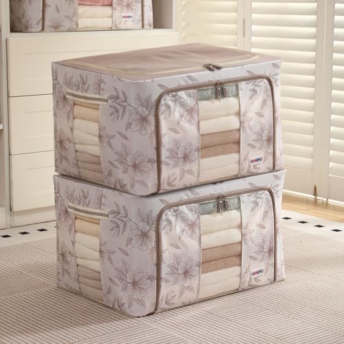 Image of HOKIPO 88L(XL) Folding Storage Box and Organiser for Clothes, 600D Oxford Fabric Storage Box, Latte Floral Pack of 2 (AR-6487-LBR*2)