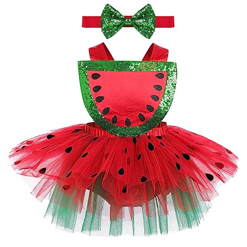 Baby Girls 1st 2nd Birthday Outfit Sequin Watermelon Print Tulle Ruffle Sleeveless Backless Princess Party Tutu Dress with Headband Melon Cake Smash Clothes for Photo Shoot Red Watermelon 12-18 Months