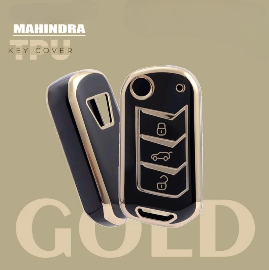 Image of TPU Car Key Cover Black & Golden Compatible for Mahindra Scorpio, Bolero, XUV700, XUV300, Thar, TUV300 Plus, XUV400 (Mahindra, 3 Button Flip Key New)