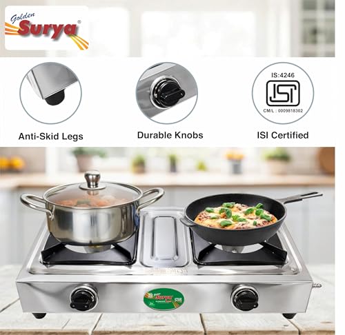 Image of Golden Surya Star 2 Burner LPG Gas Stove with High Efficiency Burners, Stainless Steel Body, Heavy MS Pan Support, Manual Ignition, ISI Certified, 18 Months Warranty