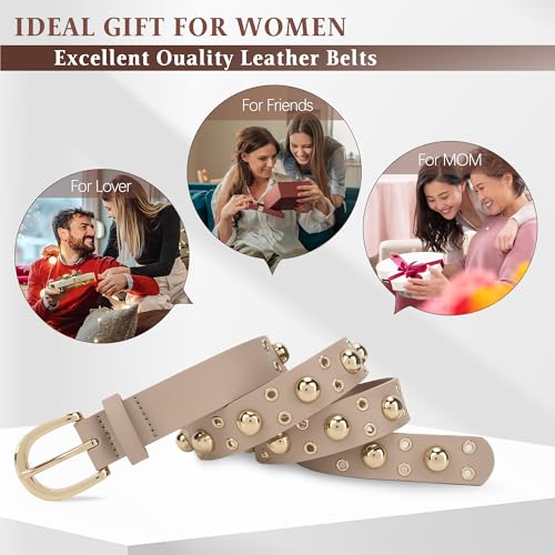 Studded Womens Belts for Jeans, Fashion Genuine Leather Belts for Women, Double Grommet Womens Belt4