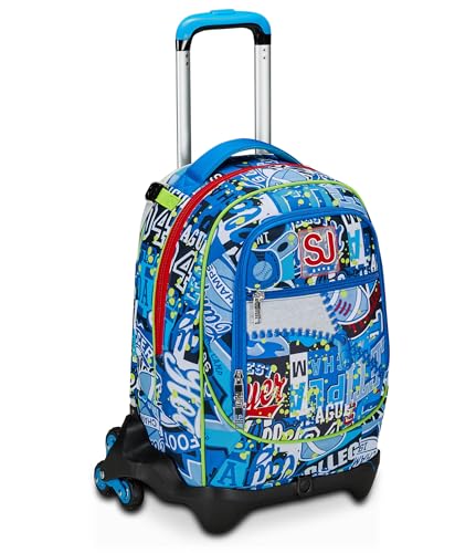 SJ Gang Trolley Scuola Jack 3 Ruote Blu RealBasket 3 in 1 Triplo Uso Zaino Con Carrello Sganciabile Tasca Porta Borraccia e Crossover System Elementare Bambino