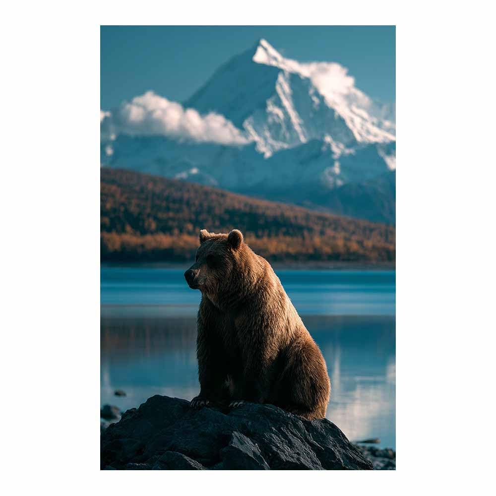 PUQAAEO Wall Art Painting Grizzly Bear Prints On Canvas Wild Bear Snows Peakss Views Animal Pictures Wall Art for Home Cabin Decoration Rustic Farmhouse Decor(Multicolor)-60x90cm Unframed
