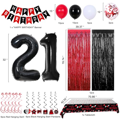 21st Birthday Decorations for Him Her,Red and Black Happy 21 Party Decorations with Balloons Banner Hanging Swirls Tablecloth Foil Fringe Curtains for 21st Birthday Party Decor Men